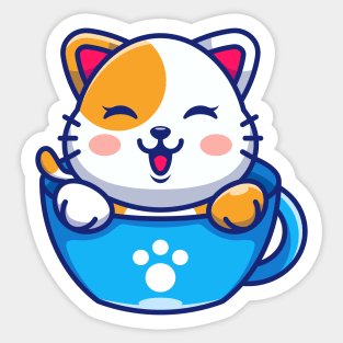 Cute cat on cup coffee cartoon Sticker